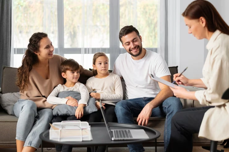 Family meeting with a legal advisor at home.