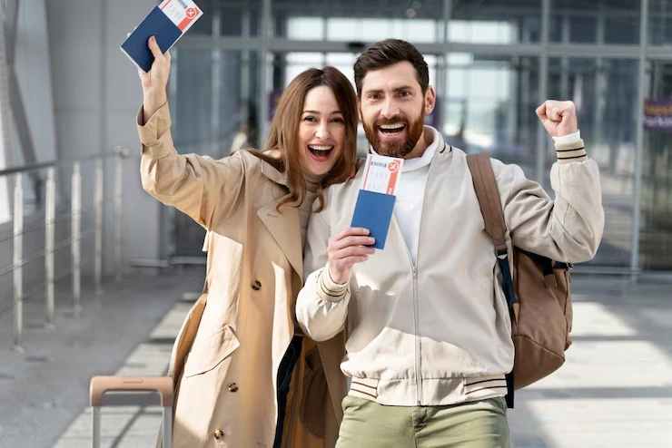 Smiling couple at airport showing passports and visa documents.